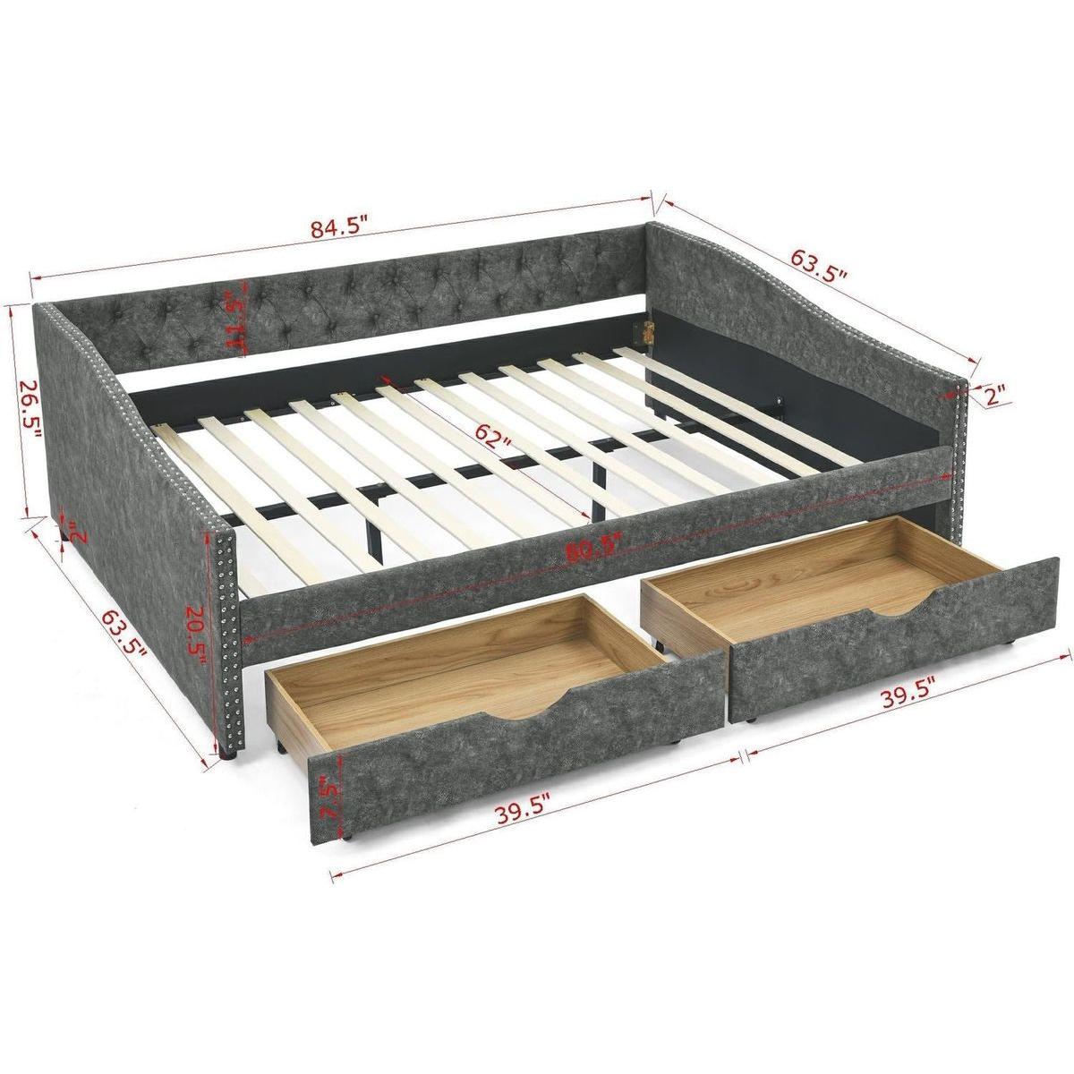 Queen Size Daybed with Drawers Upholstered Tufted Sofa Bed,,with Button on Back and Copper Nail on Waved Shape Arms(84.5"x63.5"x26.5")