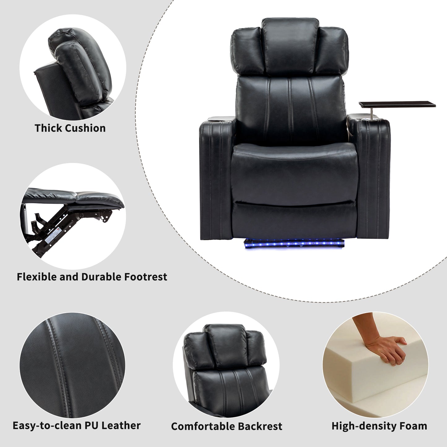 PU Leather Power Recliner Individual Seat Home Theater Recliner with Cooling Cup Holder, Bluetooth Speaker, LED Lights, USB Ports, Tray Table, Arm Storage for Living Room, Black