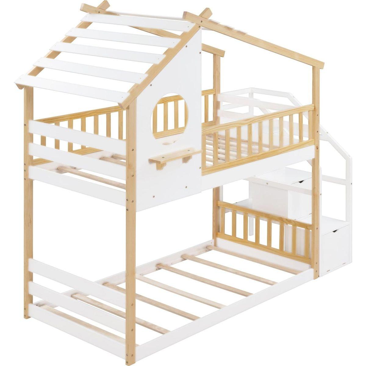 Stairway Twin-Over-Twin Bunk Bed,House Bed,Storage and Guard Rail,Natural Bed +White Stair