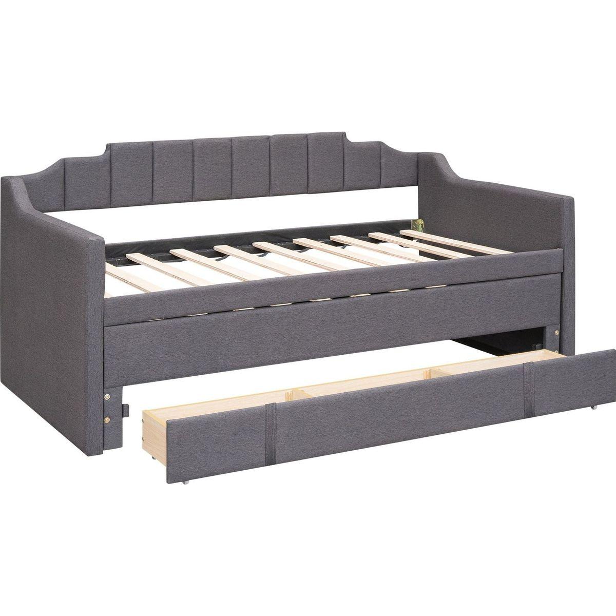Twin Size Upholstered Daybed with Trundle and Three Drawers,Grey