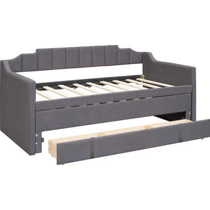 Twin Size Upholstered Daybed with Trundle and Three Drawers,Grey