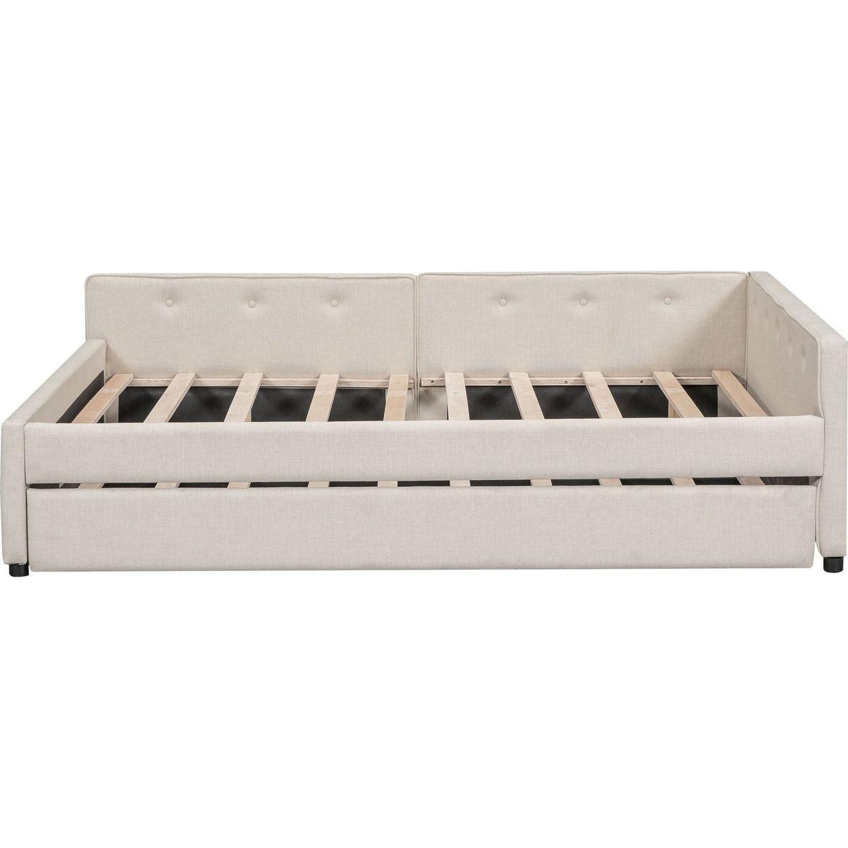 Full Size Upholstered Platform Bed with USB and Twin Size Trundle, Beige