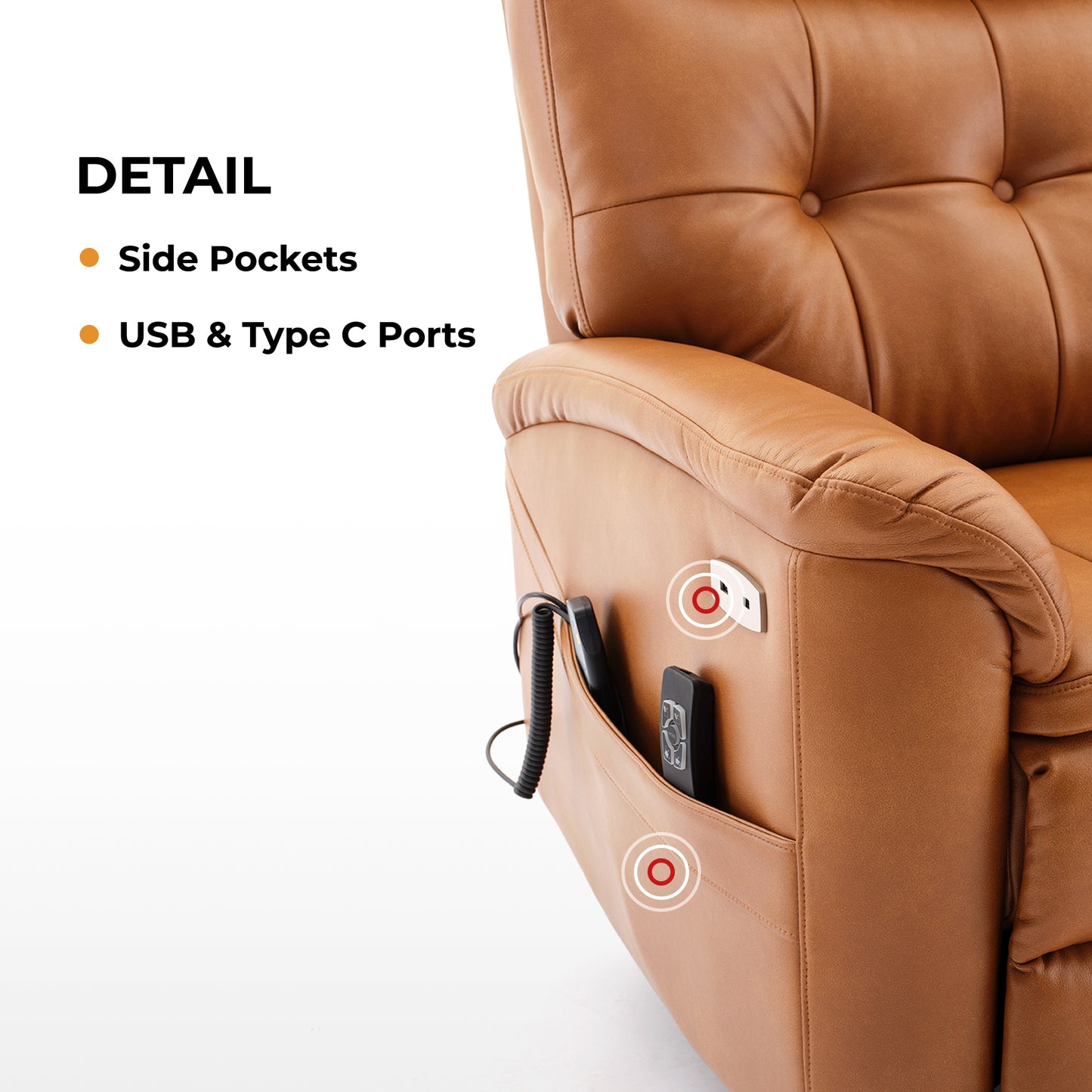 Dual Motor Power Lift Recliner Chair for Elderly, One Touch Reset, Lay Flat Leather Lift Chair with Massage and Heat, USB & Type C Ports, Electric Recliner Chairs for Seniors, Caramel Medium