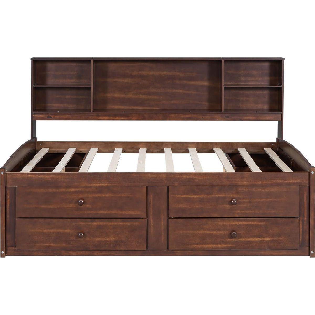 Full Size Wooden Captain Bed with Built-in Storage Shelves, 4 Drawers and 2 Cabinets, Antique Brown