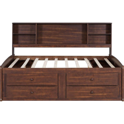 Full Size Wooden Captain Bed with Built-in Storage Shelves, 4 Drawers and 2 Cabinets, Antique Brown