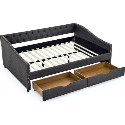 Full Size Daybed with Drawers Upholstered Tufted Sofa Bed, with Button on Back and Copper Nail on Waved Shape Arms(80.5"x55.5"x27.5")