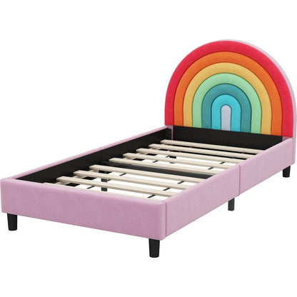 Rainbow Design Upholstered Twin Platform Bed Cute Style Princess Bed for Boys & Girls, Teens, Colorful & Pink