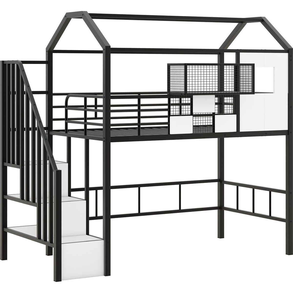 Metal Loft Bed with roof design and a storage box, Twin, Black