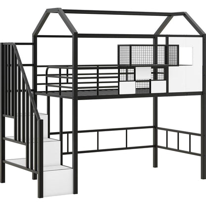 Metal Loft Bed with roof design and a storage box, Twin, Black