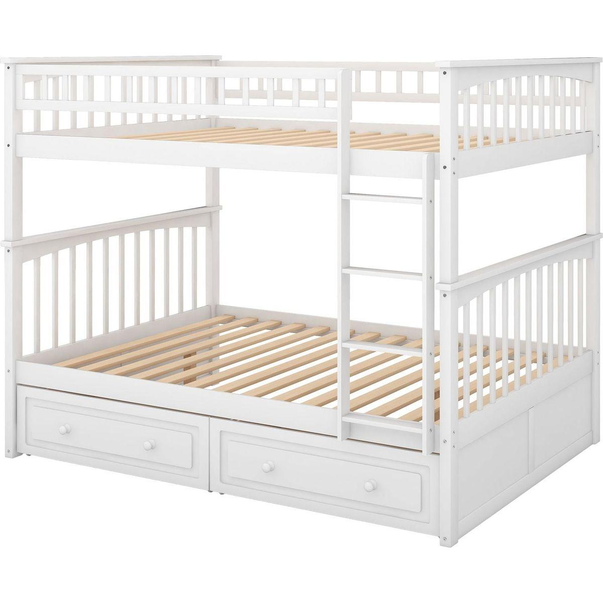 Full over Full Bunk Bed with Drawers, Convertible Beds, White