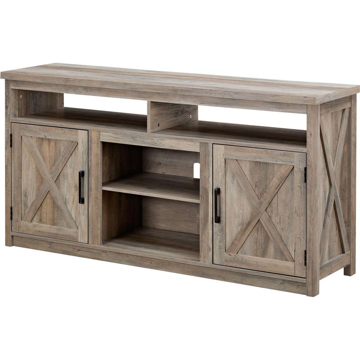 Farmhouse Barn door TV Media Stand Modern Entertainment Console for TV Up to 65" with Open and Closed Storage Space, Gray Wash, L57.87xW15.75xH30.31