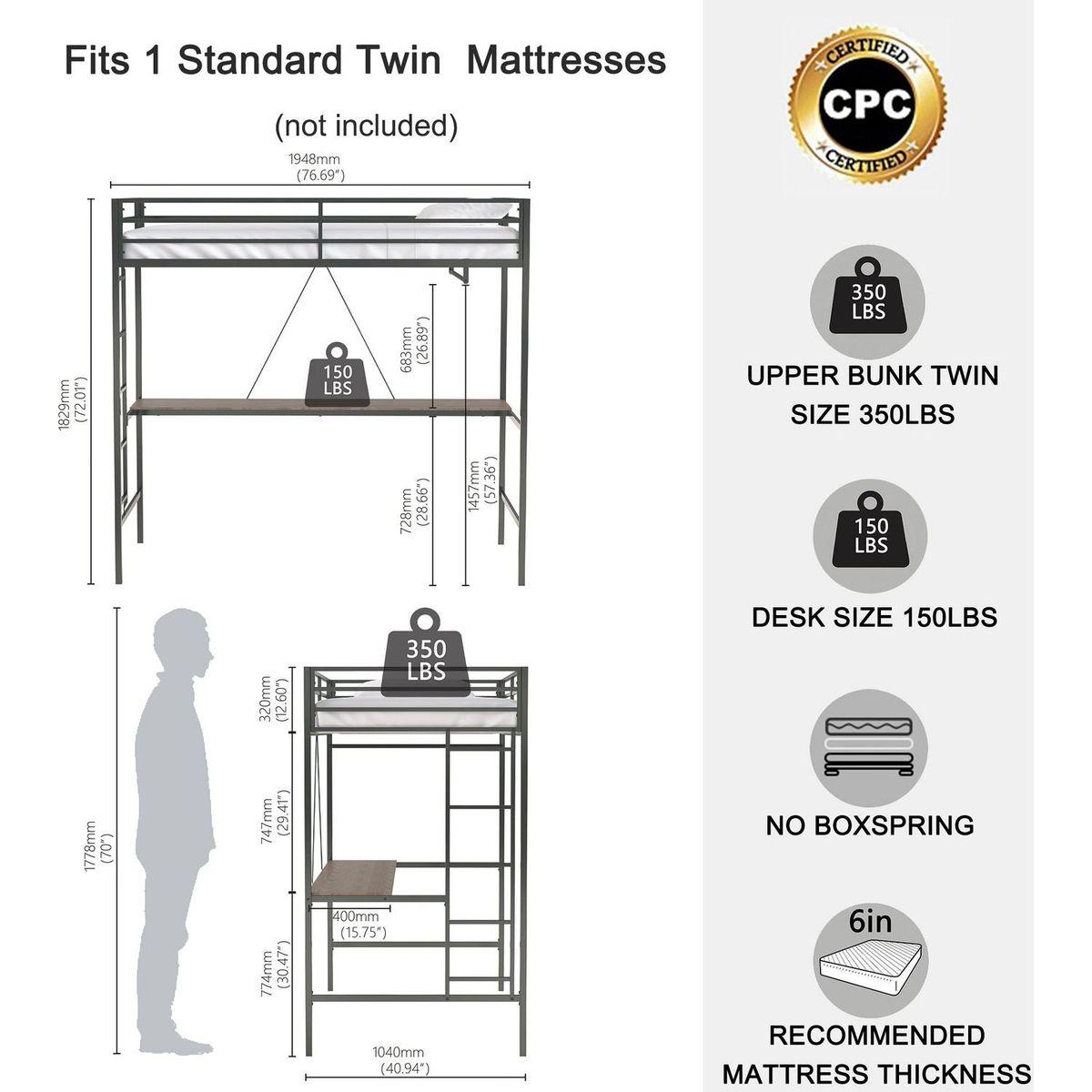 Adam Sturdy Twin Loft Bunk Black with Cinnamon Wood Desk and Closet Rod for Adult and Kids, and Easy Climbing with Sturdy Ladder, Space Saving