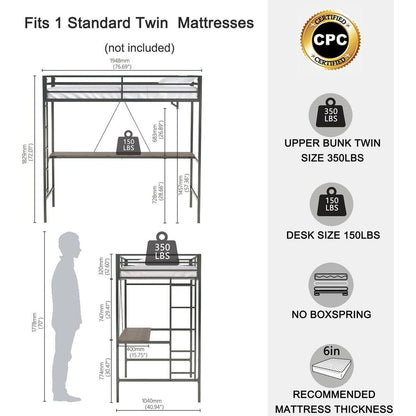 Adam Sturdy Twin Loft Bunk Black with Cinnamon Wood Desk and Closet Rod for Adult and Kids, and Easy Climbing with Sturdy Ladder, Space Saving