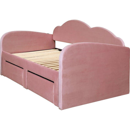 Twin Size Upholstered daybed with Cloud-Shaped Backrest, Trundle & 2 Drawers and USB Ports, Pink