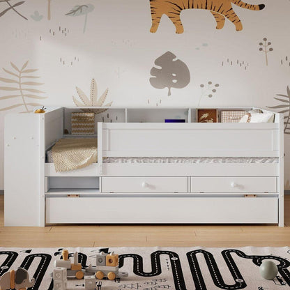 Multi-Functional Twin Daybed with Drawers and Trundle, Headboard Storage and Tables, USB Charging Station, White