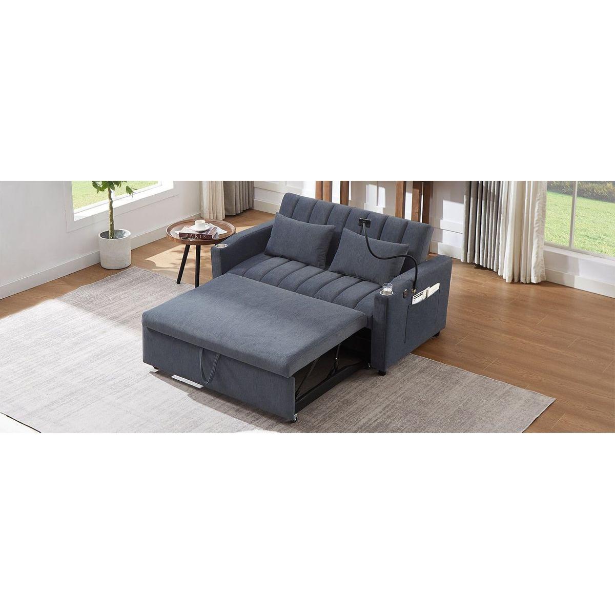 55.9" Convertible Sofa Bed Loveseat Sofa with Three USB Ports, Two Side Pockets, Two Cup Holders and 360Swivel Phone Holder for Living Room, Blue Grey