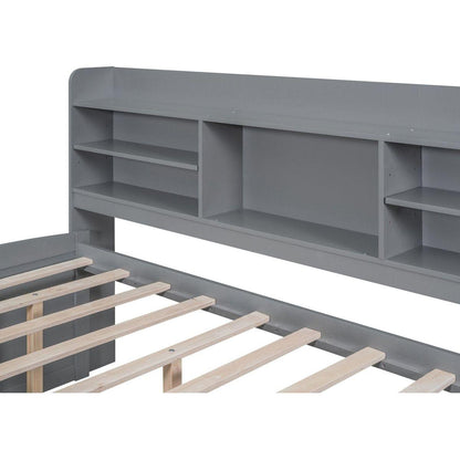 Full Size Wooden Captain Bed with Built-in Bookshelves,Three Storage Drawers and Trundle,Light Grey