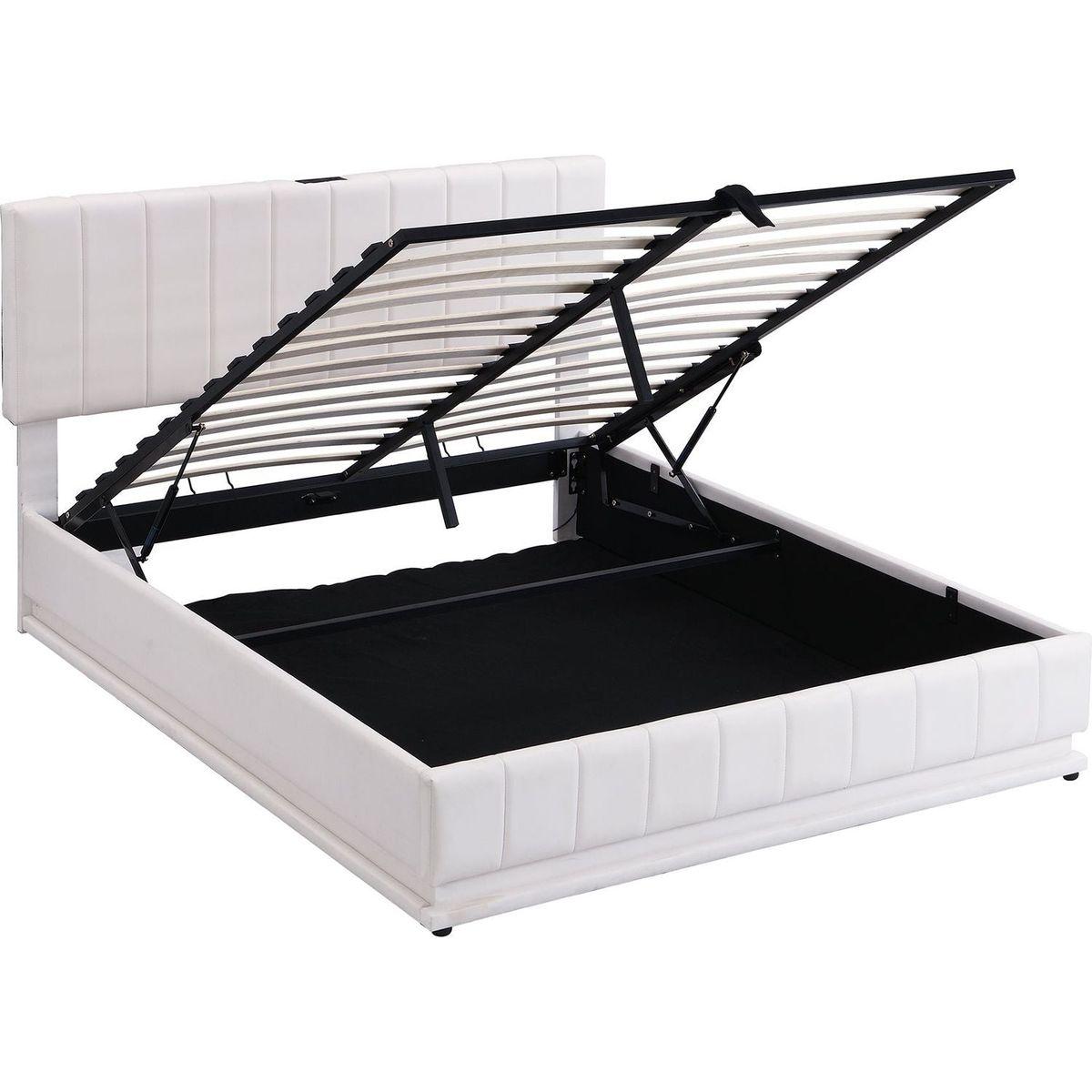 Queen Size Upholstered Bed with Hydraulic Storage System and LED Light, Modern Platform Bed with Sockets and USB Ports, White