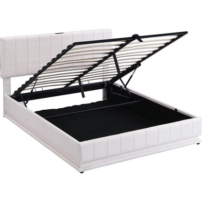 Queen Size Upholstered Bed with Hydraulic Storage System and LED Light, Modern Platform Bed with Sockets and USB Ports, White