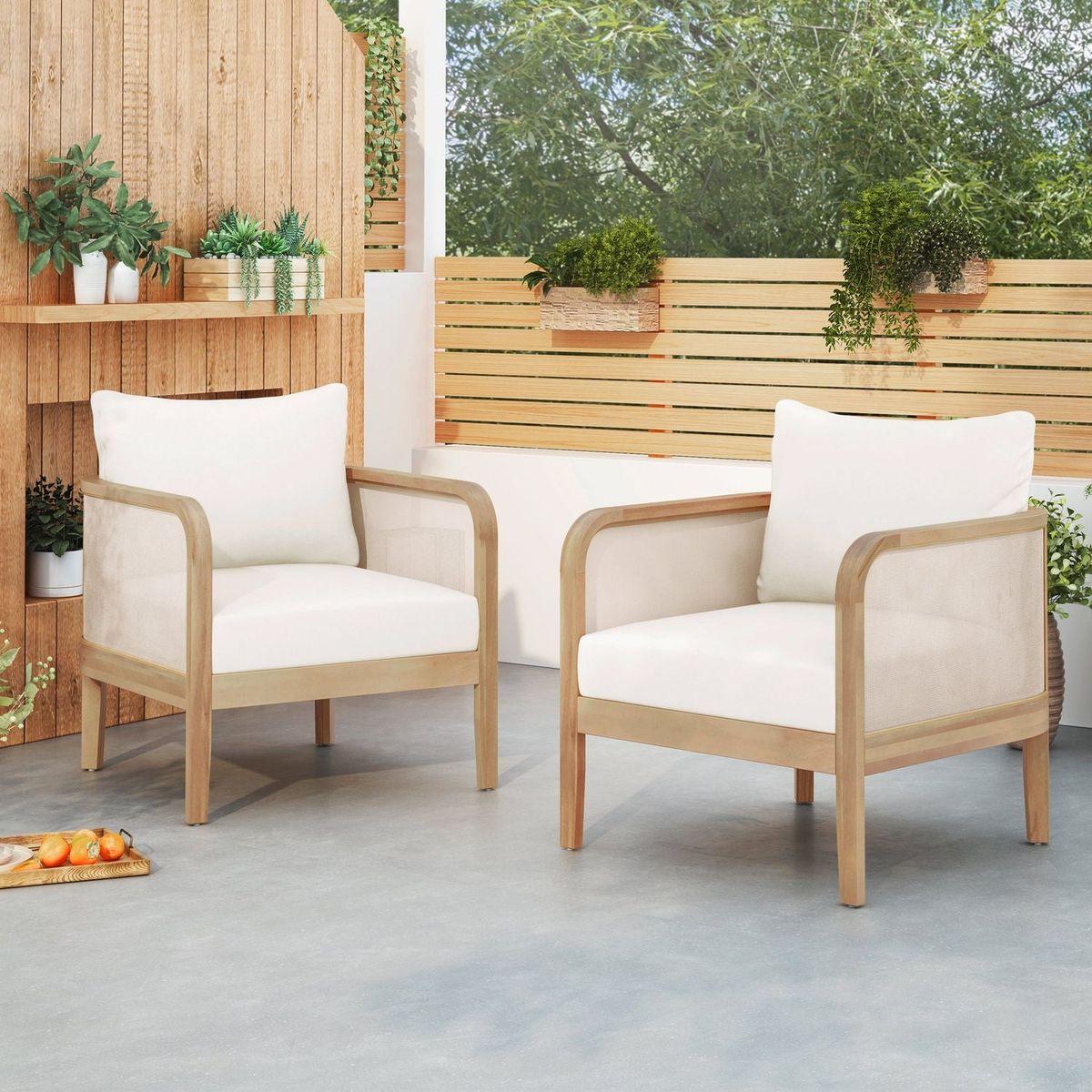 (Set of 2) Outdoor Acacia Wood Patio Club Chair, Textilene Patio Furniture,Waterproof Thick Cushion Deep Seating for Porch, Garden, Backyard, Balcony, Weight Capacity 400lbs, Light Teak Finish, Beige