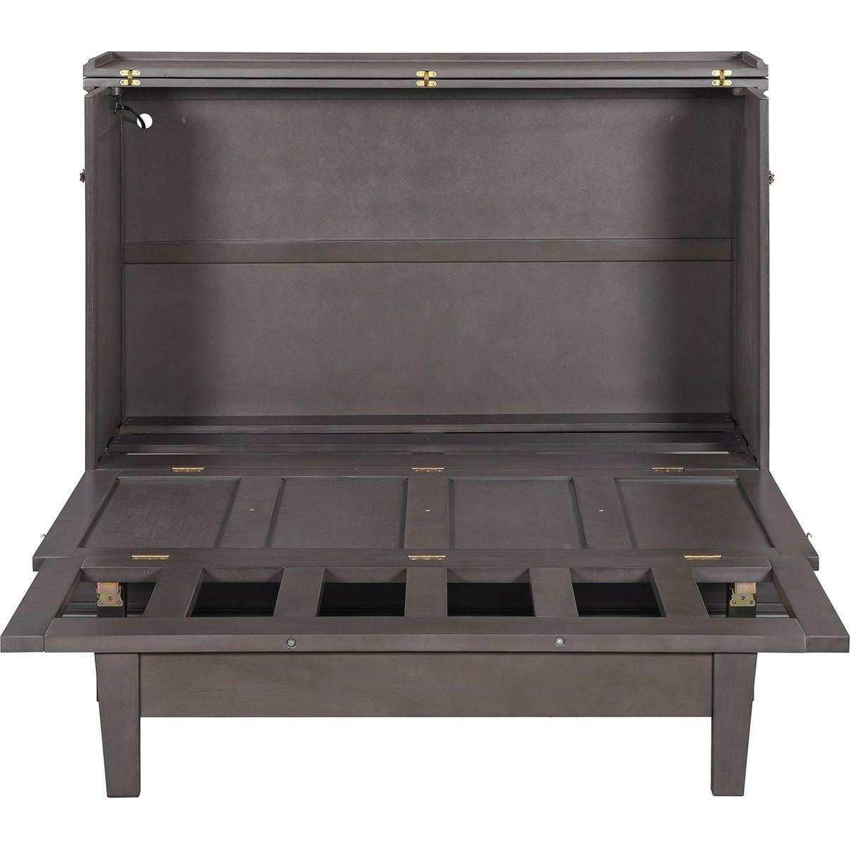 Solid Pine Murphy Bed Chest Cube Cabinet Bed with Charging Station and Large Storage Drawer for Home Office or Small Room,Full,Gray