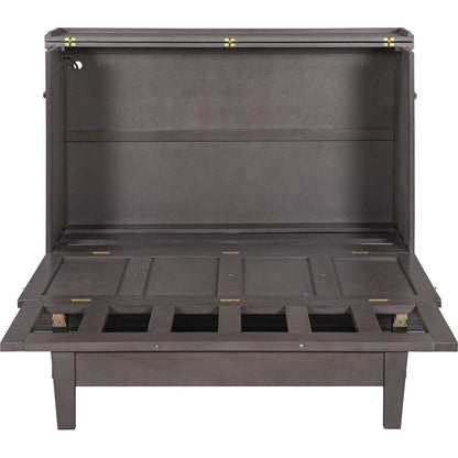 Solid Pine Murphy Bed Chest Cube Cabinet Bed with Charging Station and Large Storage Drawer for Home Office or Small Room,Full,Gray