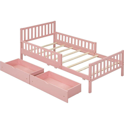 Twin Size Wood Platform Bed with Guardrails on Both Sides and Two Storage Drawers, Pink