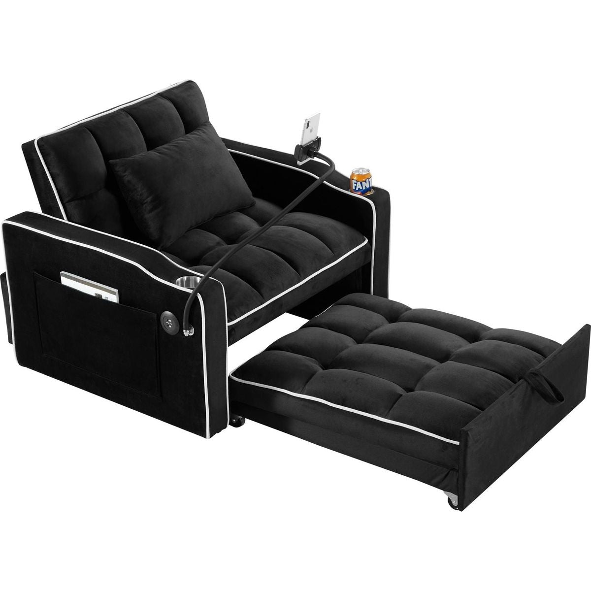 Convertible Sleeper Chair Sofa Bed Adjustable Pull Out Sleeper Chair Bed Multi-Pockets Folding Sofa Bed for Living Room Bedroom Small Space,3-in-1 Sofa Bed, (Black)