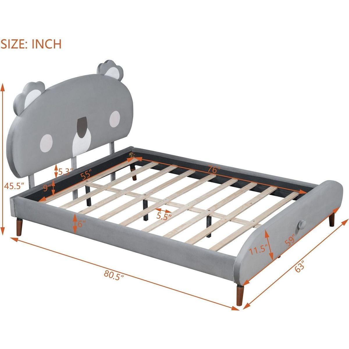 Full Size Upholstered Platform Bed with Koala-Shaped Headboard, Gray