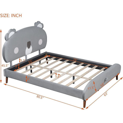 Full Size Upholstered Platform Bed with Koala-Shaped Headboard, Gray
