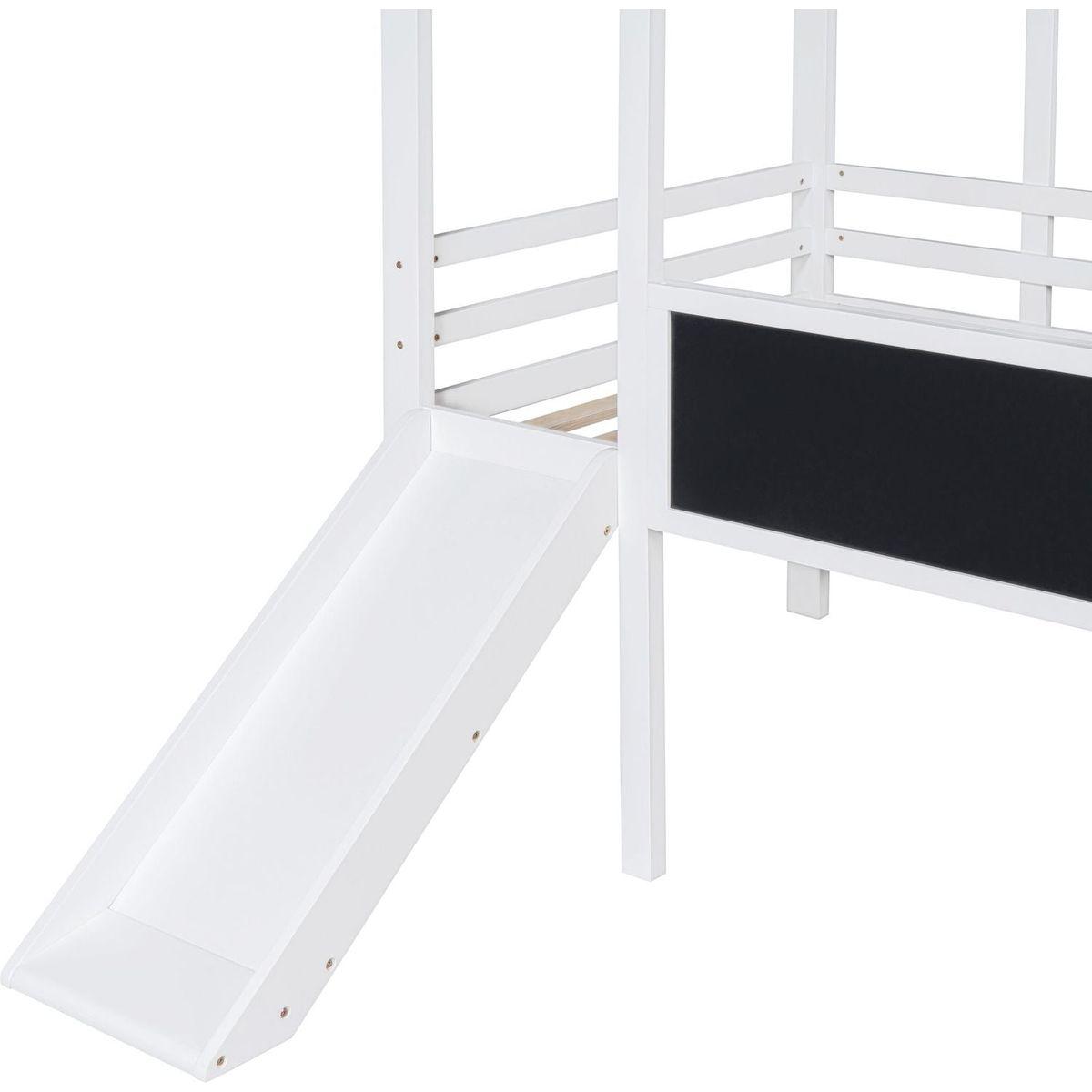 Twin Size Loft Bed with Ladder and Slide, House Bed with Blackboard and Light Strip on the Roof, White