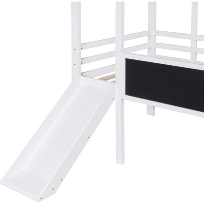 Twin Size Loft Bed with Ladder and Slide, House Bed with Blackboard and Light Strip on the Roof, White