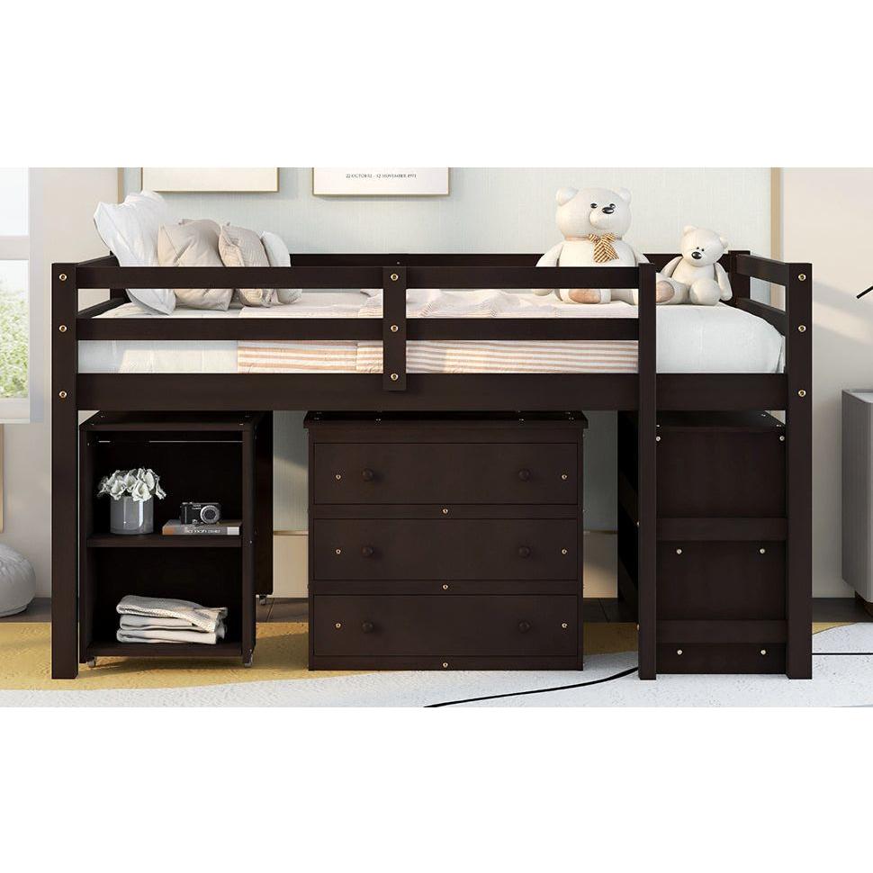 Low Study Full Loft Bed with Cabinet, Shelves and Rolling Portable Desk, Multiple Functions Bed- Espresso