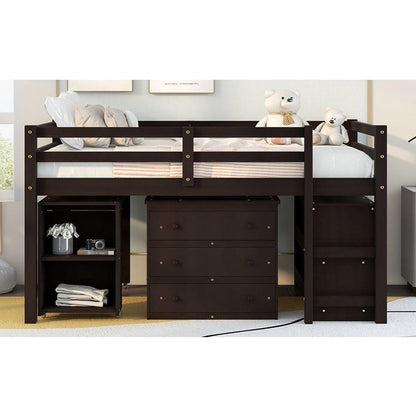 Low Study Full Loft Bed with Cabinet, Shelves and Rolling Portable Desk, Multiple Functions Bed- Espresso