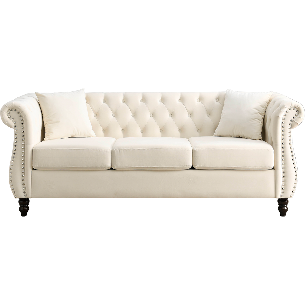 80" Chesterfield Sofa Beige Velvet for Living Room, 3 Seater Sofa Tufted Couch with Rolled Arms and Nailhead for Living Room, Bedroom, Office, Apartment, two pillows