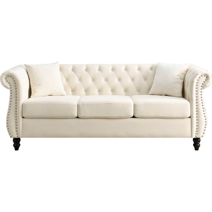 80" Chesterfield Sofa Beige Velvet for Living Room, 3 Seater Sofa Tufted Couch with Rolled Arms and Nailhead for Living Room, Bedroom, Office, Apartment, two pillows
