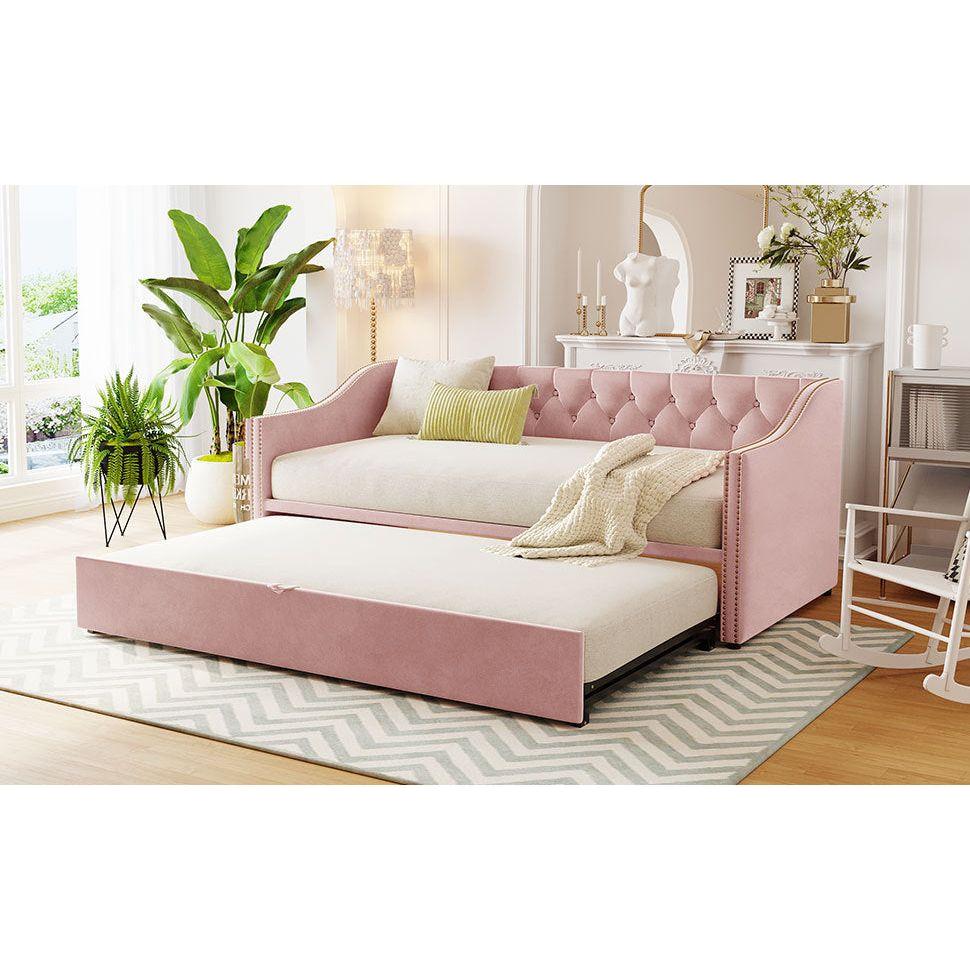 Twin Size Upholstered daybed with Pop Up Trundle, Pink