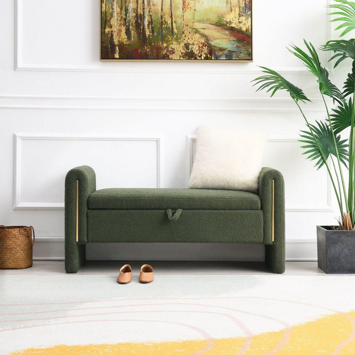 Modern Teddy Bed End Bench with Arms and Storage,Upholstered Large Foot Rest Stool, Comfy Window Vanity Bench for Living Room,Bedroom,Dorm,Coffee Table,Teddy Olive Green - Streamdale Furniture