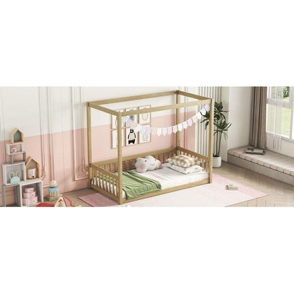 Twin Size Canopy Frame Floor Bed with Fence, Guardrails,Natural