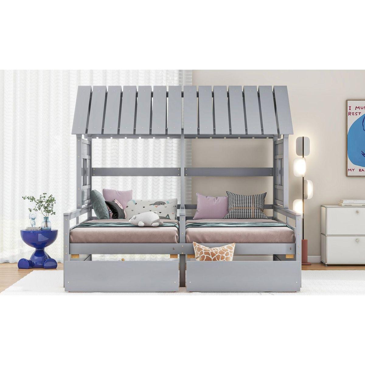 Twin Size House Platform Beds with Two Drawers for Boy and Girl Shared Beds, Combination of 2 Side by Side Twin Size Beds, Gray