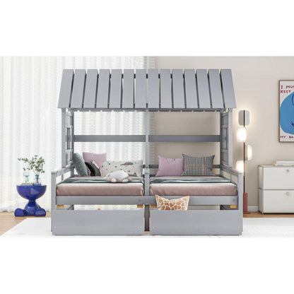 Twin Size House Platform Beds with Two Drawers for Boy and Girl Shared Beds, Combination of 2 Side by Side Twin Size Beds, Gray