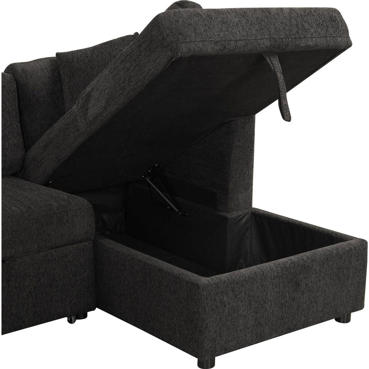 108.6" U-shaped Sectional Sofa Pull out Sofa Bed with Two USB Ports, Two Power Sockets, Three Back Pillows and a Storage Chaise for Living Room, Black