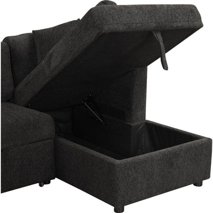 108.6" U-shaped Sectional Sofa Pull out Sofa Bed with Two USB Ports, Two Power Sockets, Three Back Pillows and a Storage Chaise for Living Room, Black