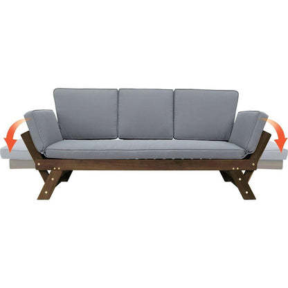 Outdoor Adjustable Patio Wooden Daybed Sofa Chaise Lounge with Cushions for Small Places, Brown Finish+Gray Cushion