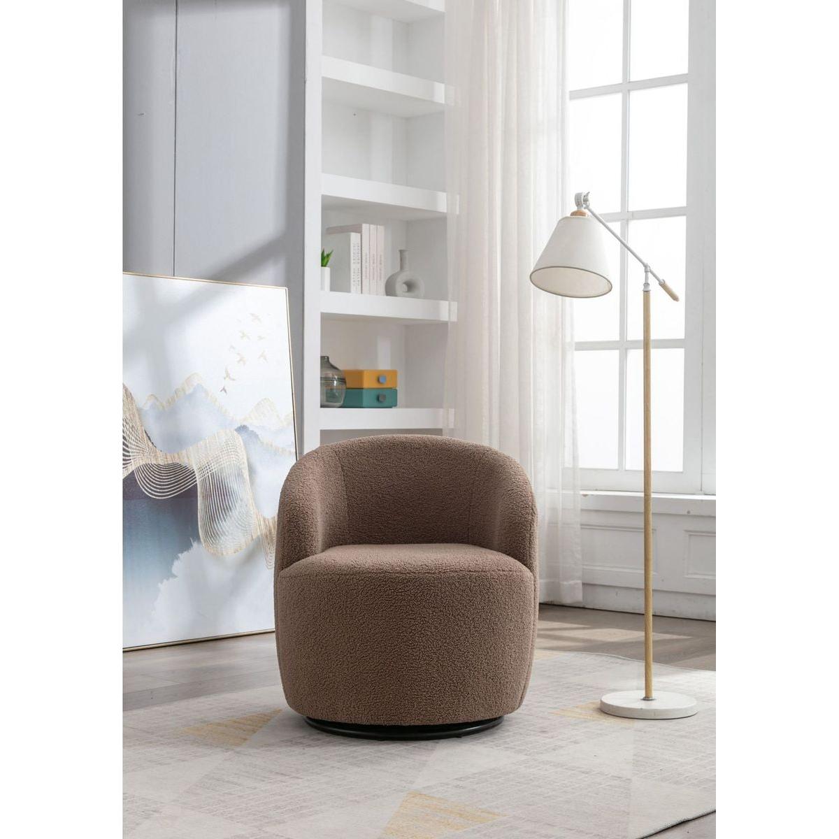 Teddy Fabric Swivel Accent Armchair Barrel Chair With Black Powder Coating Metal Ring,Coffee Brown