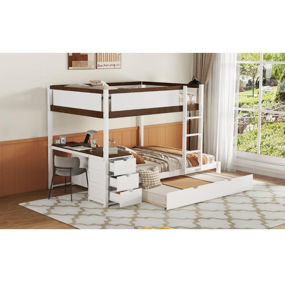 Full-Over-Full Bunk Bed with Twin size Trundle, Storage and Desk, White+Walnut