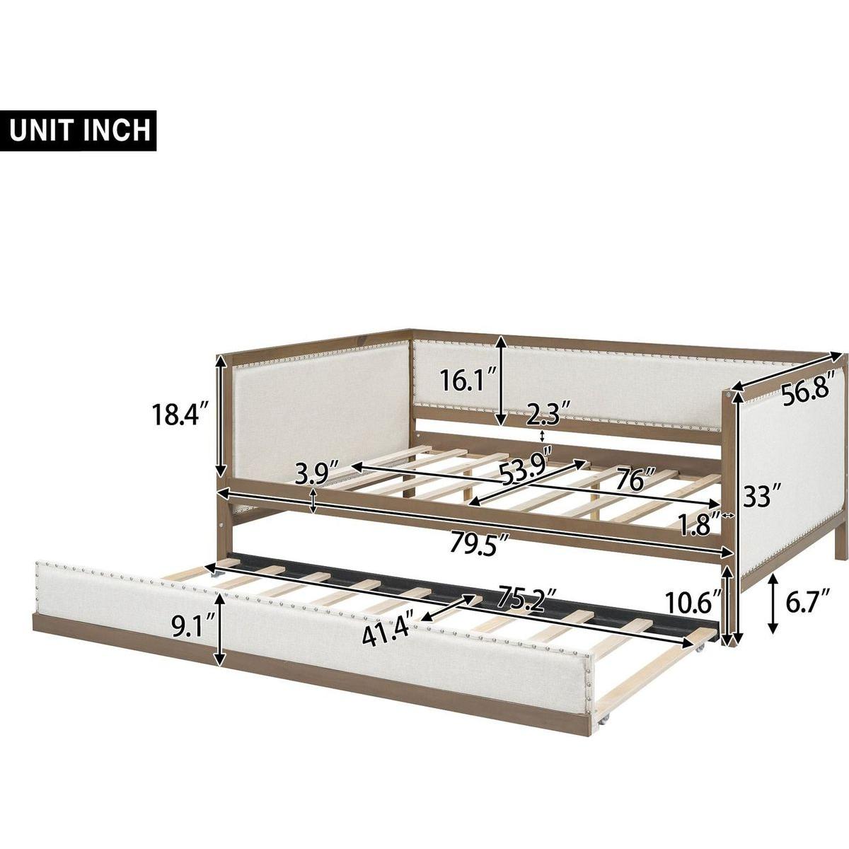 Full Size Upholstered Daybed with Trundle and Nailhead Decoration, Wood Color