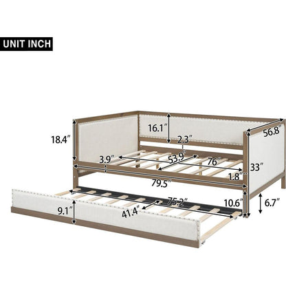 Full Size Upholstered Daybed with Trundle and Nailhead Decoration, Wood Color