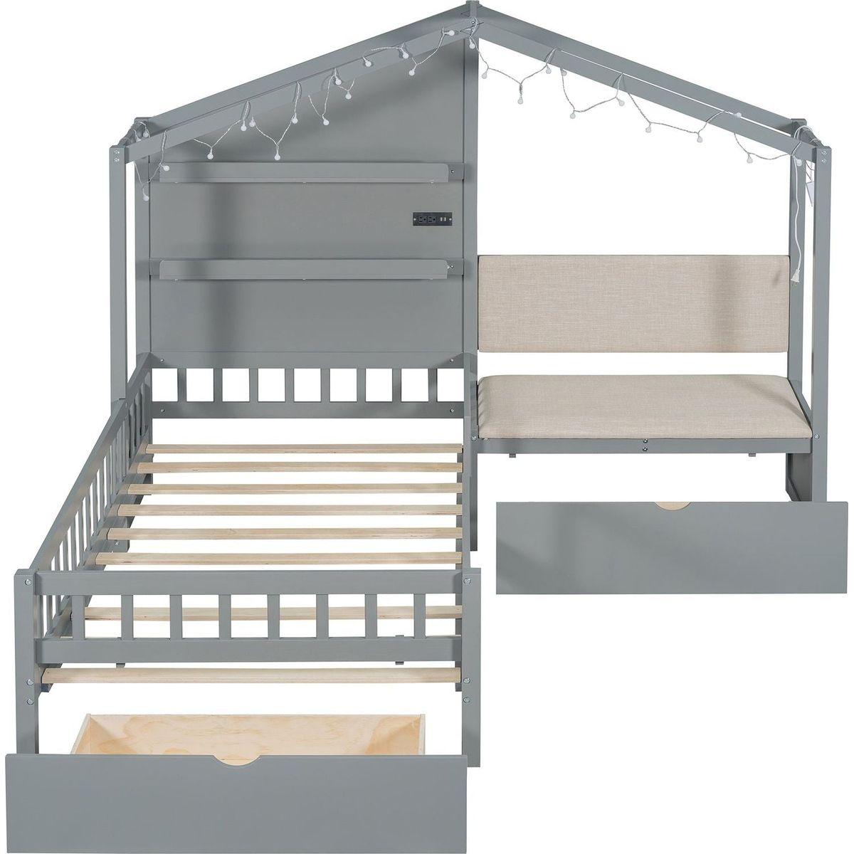 Twin Size House Bed with Upholstered Sofa, House Bed with Charging Station, Wireless Charging, Shelves and Two Drawers, Gray