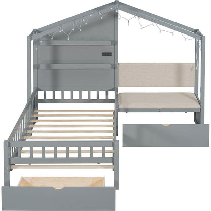 Twin Size House Bed with Upholstered Sofa, House Bed with Charging Station, Wireless Charging, Shelves and Two Drawers, Gray